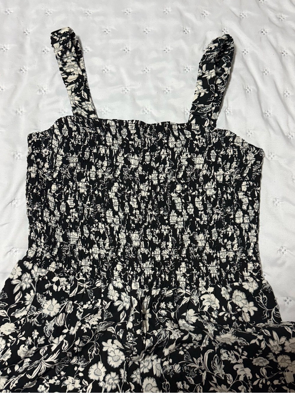 Smocked Black & White Floral Wide-Leg Jumpsuit - Picture 3 of 3